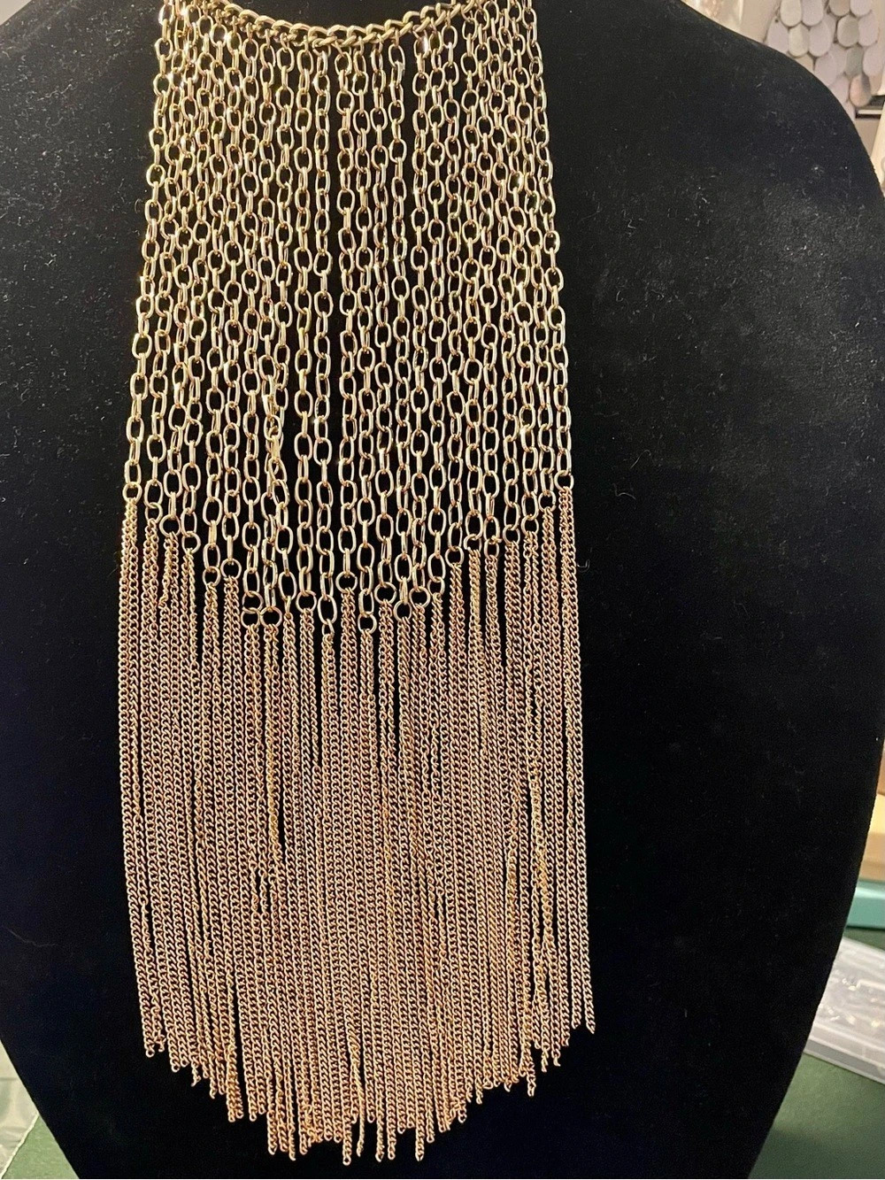 Gold Fringe Multi Chain Tassel Fringe Statement Necklace Like New. 20 inches